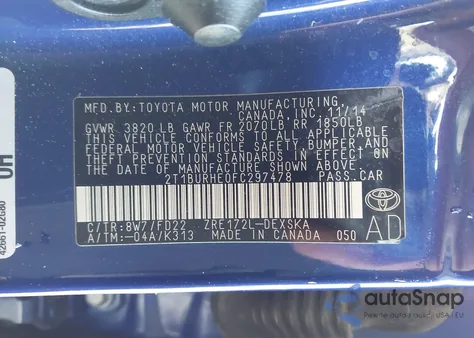 2015 Toyota Corolla L/Le/Le Pls/Prm/S/S Pls z USA, uszkodzony, nr VIN 2T1BURHE0FC297478